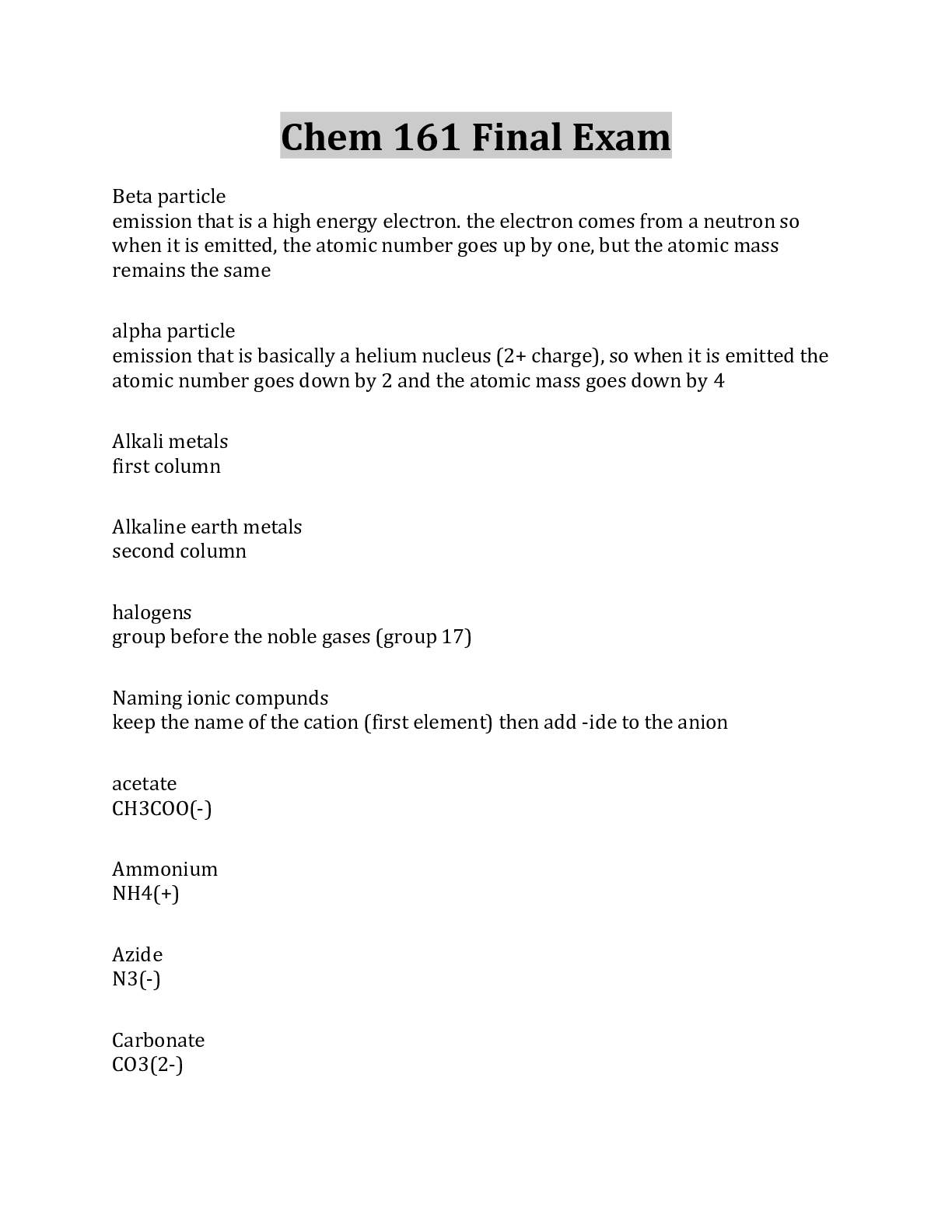 Preview image for Chem 161 Final Exam Questions And Answers 100% Correct